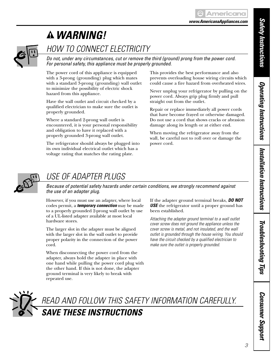 Adapter plugs, Connecting electricity, Adapter plugs connecting electricity | Warning, How to connect electricity, Use of adapter plugs | Americana Appliances 17 User Manual | Page 3 / 56