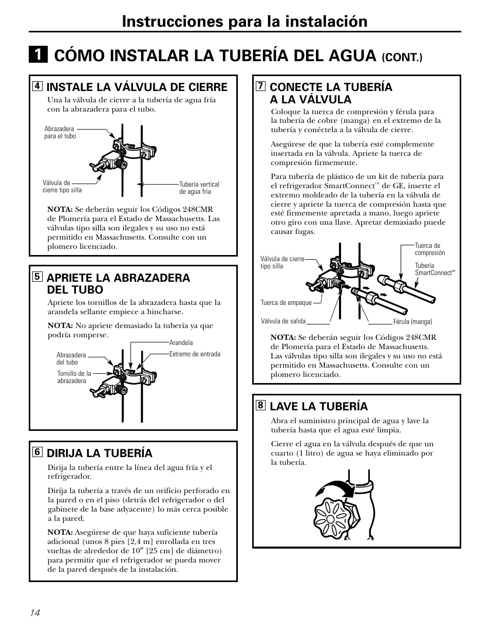 Cómo instalar la tubería del agua, Instrucciones para la instalación, Cont.) | Instale la válvula de cierre, Apriete la abrazadera del tubo, Dirija la tubería, Conecte la tubería a la válvula, Lave la tubería | Americana Appliances 17 User Manual | Page 42 / 56