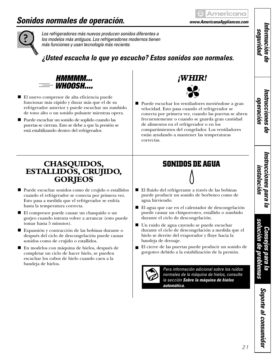 Sonidos normales de operación, Chasquidos, estallidos, crujido, gorjeos, Sonidos de agua | Whir | Americana Appliances 17 User Manual | Page 49 / 56