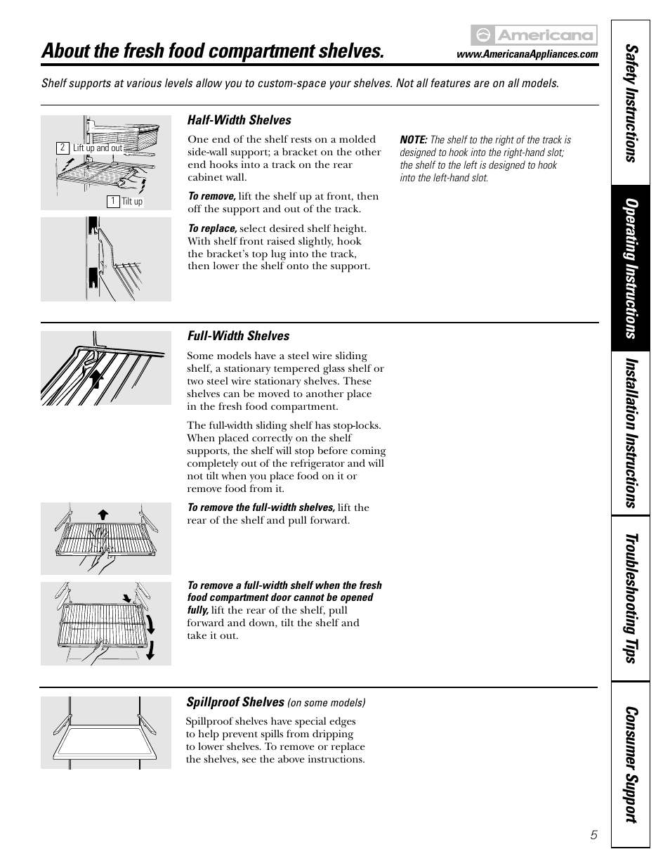 Shelves, Shelves , 6, About the fresh food compartment shelves | Americana Appliances 17 User Manual | Page 5 / 56