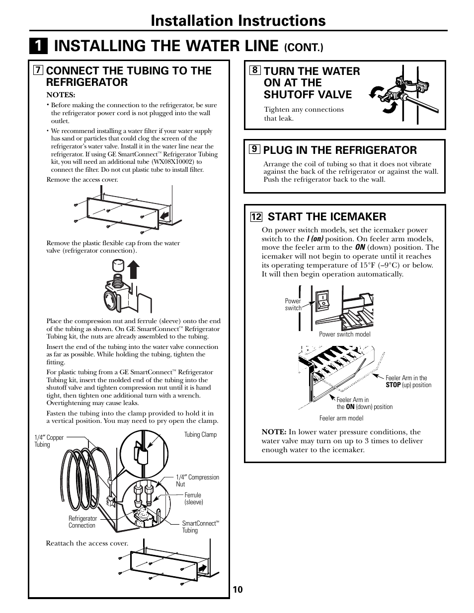 Installation instructions, Installing the water line, Connect the tubing to the refrigerator | Turn the water on at the shutoff valve, Plug in the refrigerator, Cont.), Start the icemaker | Americana Appliances 197D5984P004 User Manual | Page 10 / 40