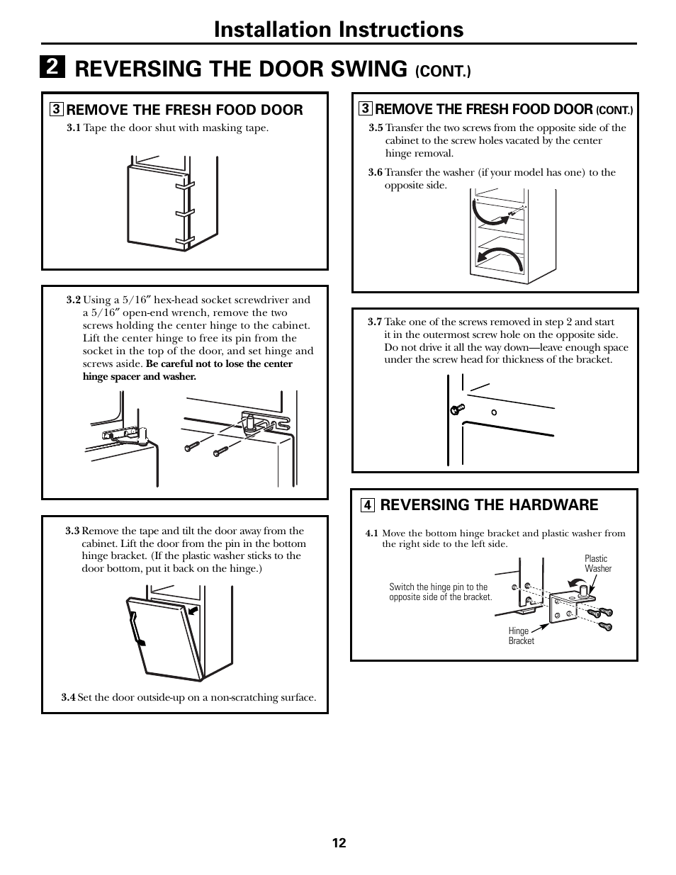 Installation instructions, Reversing the door swing, Reversing the hardware | Cont.) | Americana Appliances 197D5984P004 User Manual | Page 12 / 40