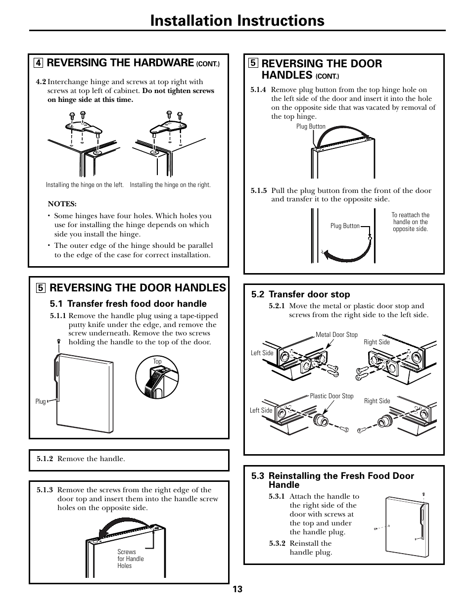 Installation instructions, Reversing the door handles, Reversing the hardware | Americana Appliances 197D5984P004 User Manual | Page 13 / 40