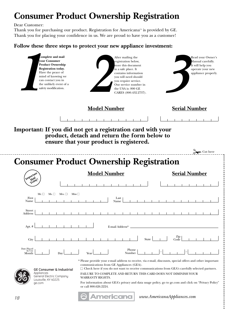 Consumer product ownership registration, Model number serial number | Americana Appliances 197D5984P004 User Manual | Page 18 / 40
