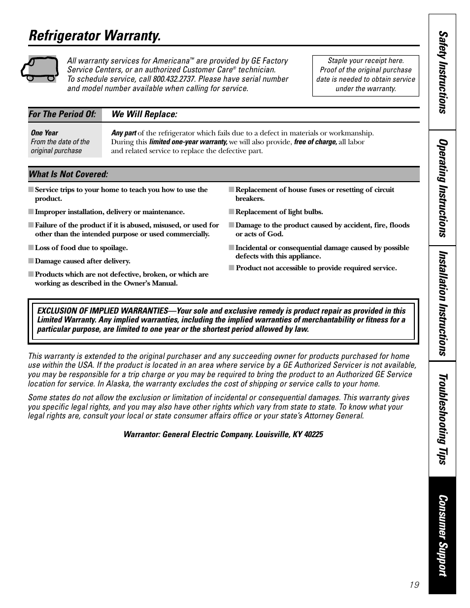 Warranty, Refrigerator warranty | Americana Appliances 197D5984P004 User Manual | Page 19 / 40