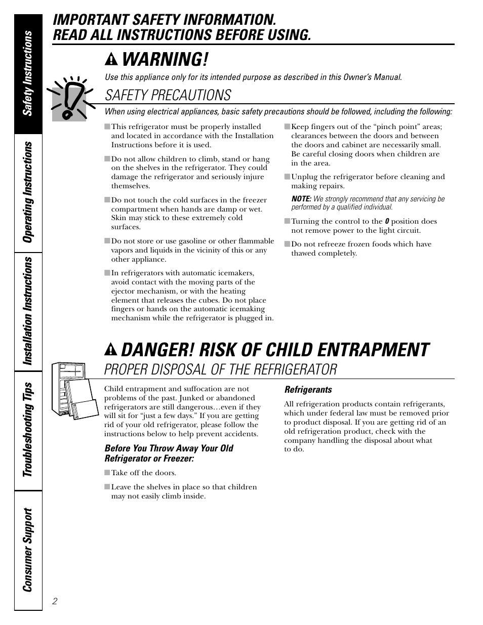 Safety precautions, Warning, Danger! risk of child entrapment | Proper disposal of the refrigerator | Americana Appliances 197D5984P004 User Manual | Page 2 / 40