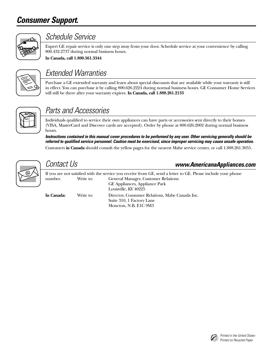 Consumer support, Consumer support. schedule service, Extended warranties | Parts and accessories, Contact us | Americana Appliances 197D5984P004 User Manual | Page 20 / 40