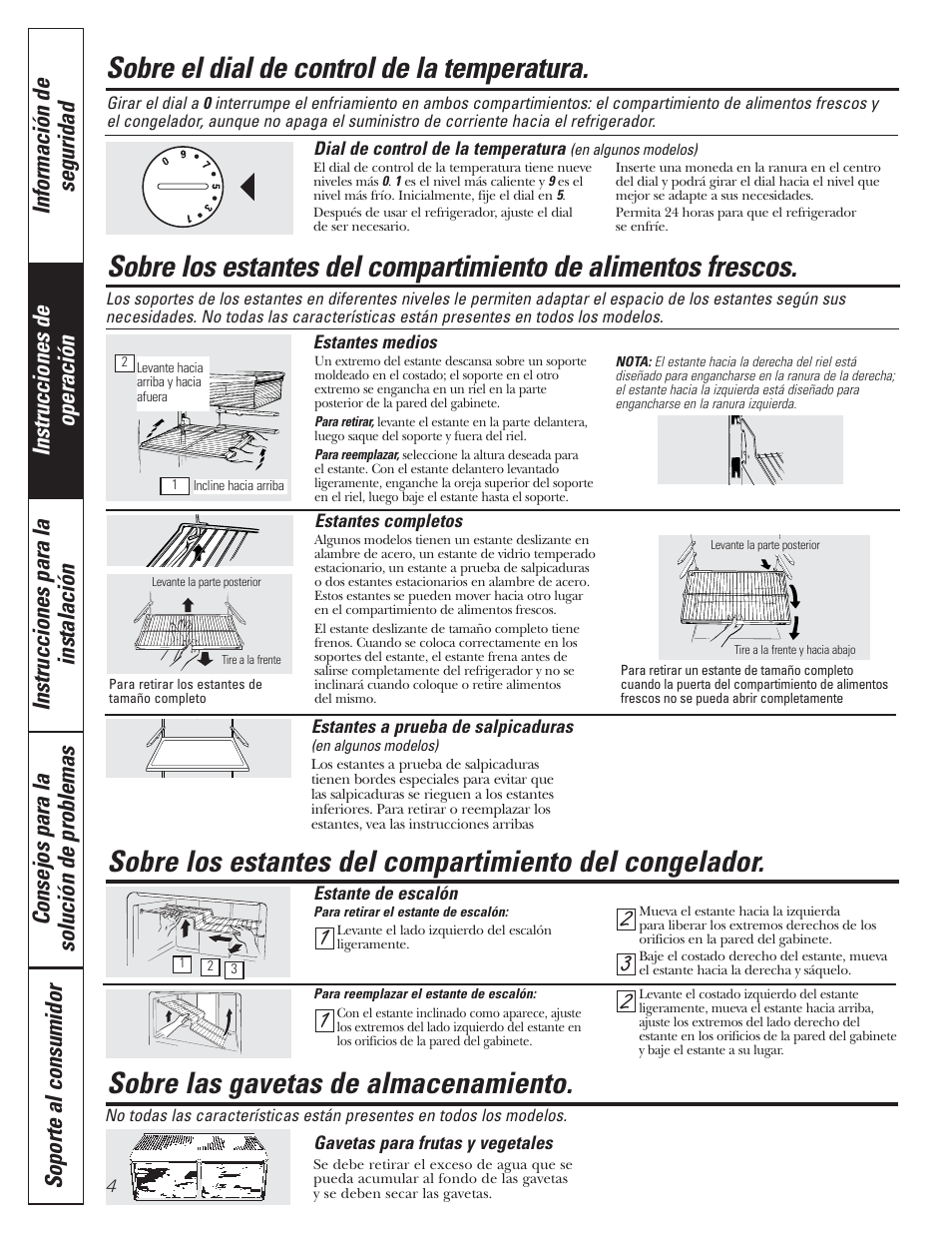 Control, Estantes, Gavetas de almacenamiento | Estantes gavetas de almacenamiento , 5, Sobre el dial de control de la temperatura, Sobre las gavetas de almacenamiento | Americana Appliances 197D5984P004 User Manual | Page 24 / 40