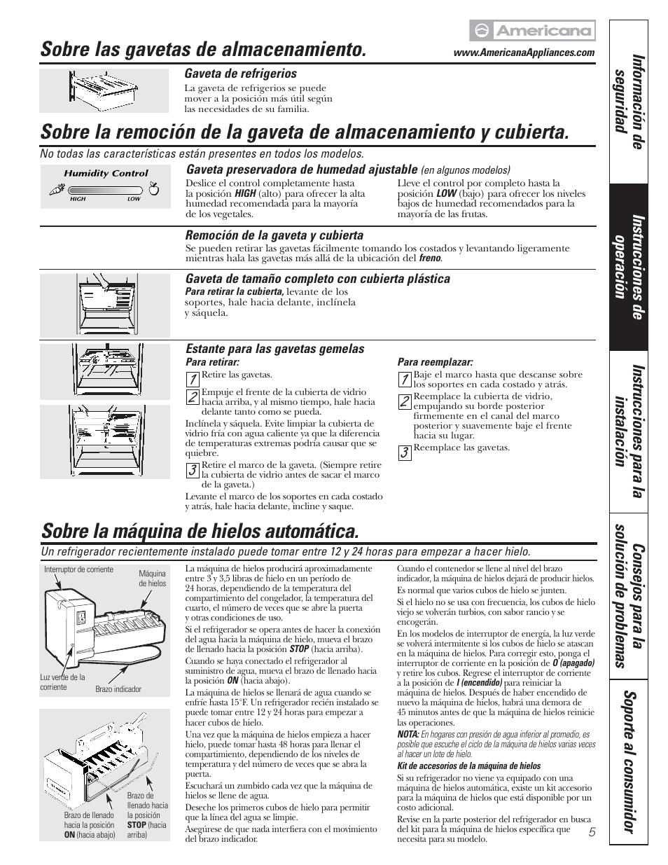 Máquina de hielos automática, Sobre las gavetas de almacenamiento, Sobre la máquina de hielos automática | Americana Appliances 197D5984P004 User Manual | Page 25 / 40