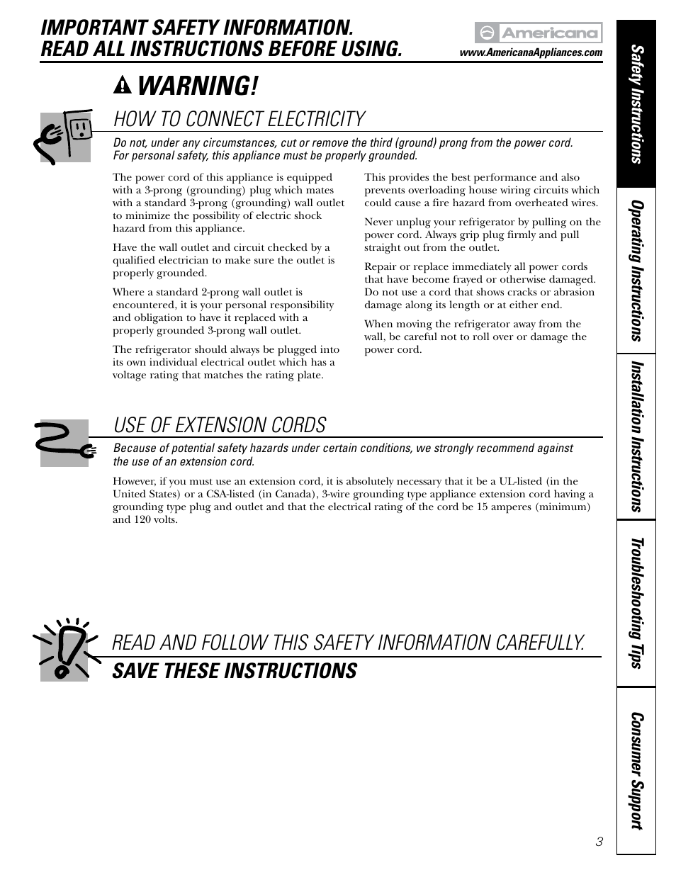 Connecting electricity, Extension cords, Connecting electricity extension cords | Warning, How to connect electricity | Americana Appliances 197D5984P004 User Manual | Page 3 / 40