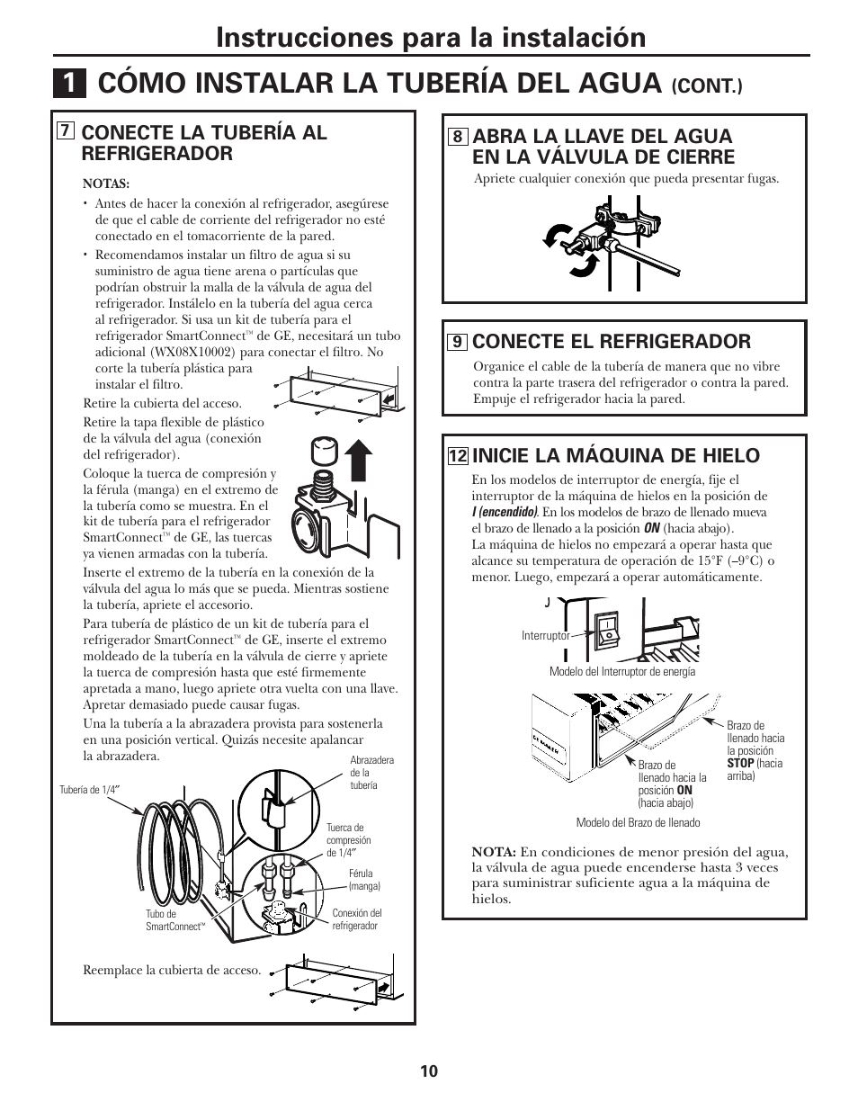 Cont.), Conecte la tubería al refrigerador, Abra la llave del agua en la válvula de cierre | Conecte el refrigerador, Inicie la máquina de hielo | Americana Appliances 197D5984P004 User Manual | Page 30 / 40