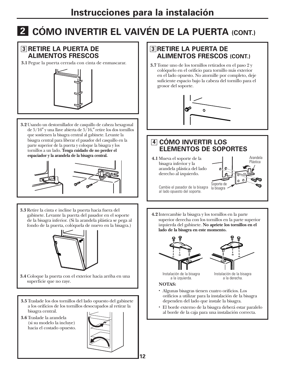 Instrucciones para la instalación, Cómo invertir el vaivén de la puerta, Cómo invertir los elementos de soportes | Retire la puerta de alimentos frescos, Cont.) | Americana Appliances 197D5984P004 User Manual | Page 32 / 40