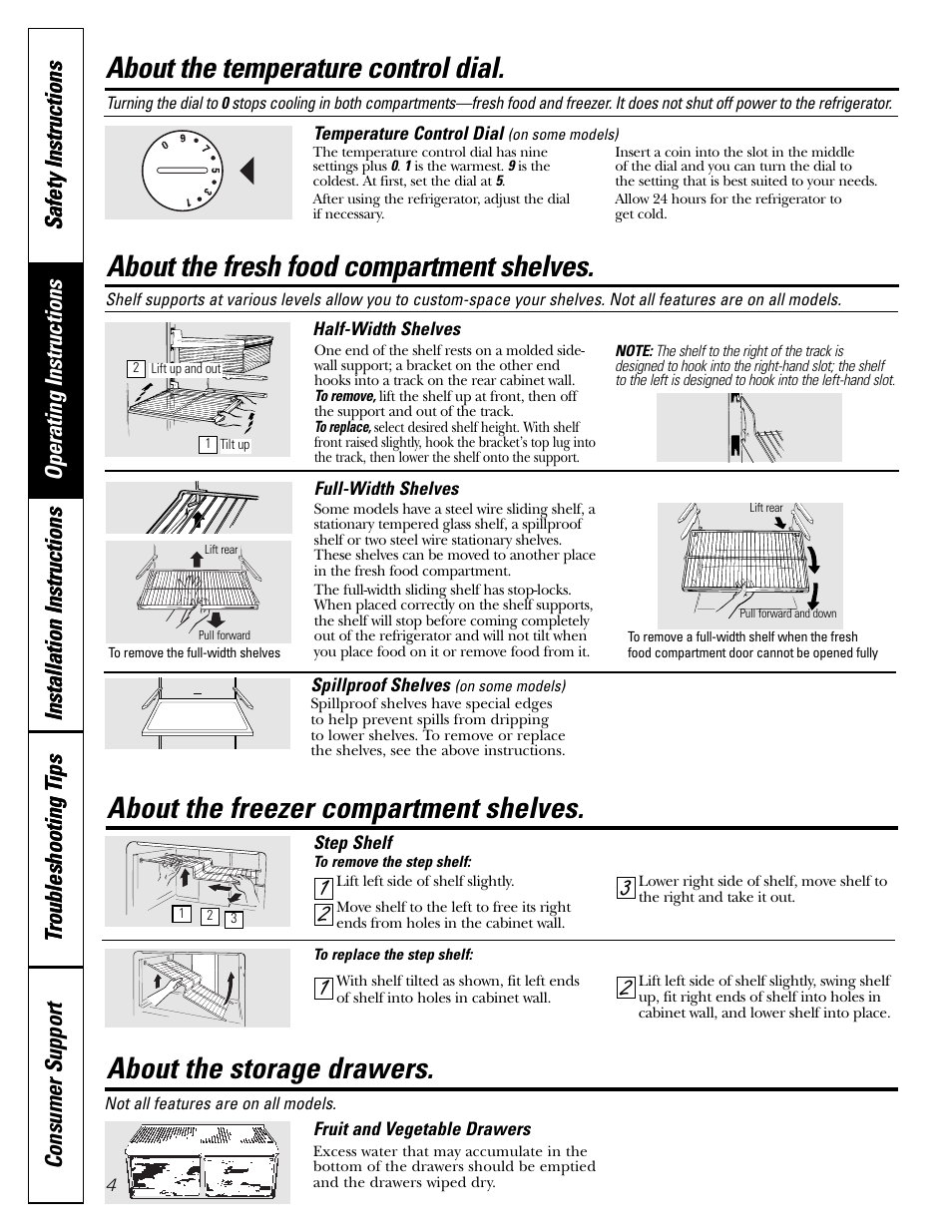 Shelves, Storage drawers, Temperature controls | Shelves storage drawers , 5 temperature controls, About the temperature control dial, About the fresh food compartment shelves, About the freezer compartment shelves, About the storage drawers | Americana Appliances 197D5984P004 User Manual | Page 4 / 40