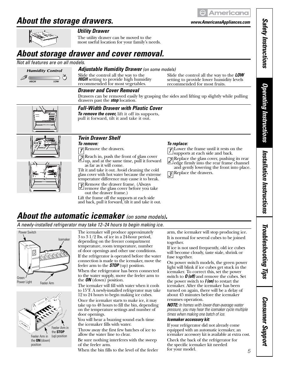 Automatic icemaker, About the automatic icemaker, About storage drawer and cover removal | About the storage drawers | Americana Appliances 197D5984P004 User Manual | Page 5 / 40