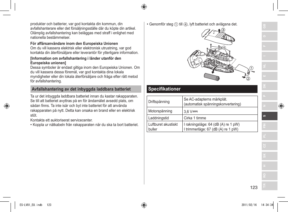 Specifikationer | Panasonic ESLV81 User Manual | Page 123 / 210