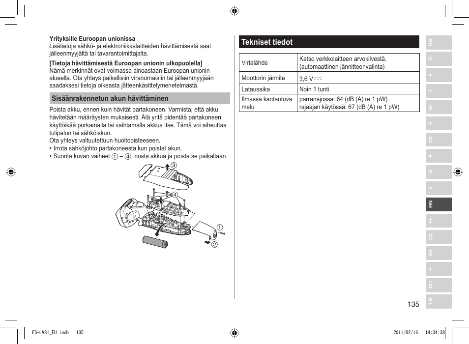 Tekniset tiedot | Panasonic ESLV81 User Manual | Page 135 / 210