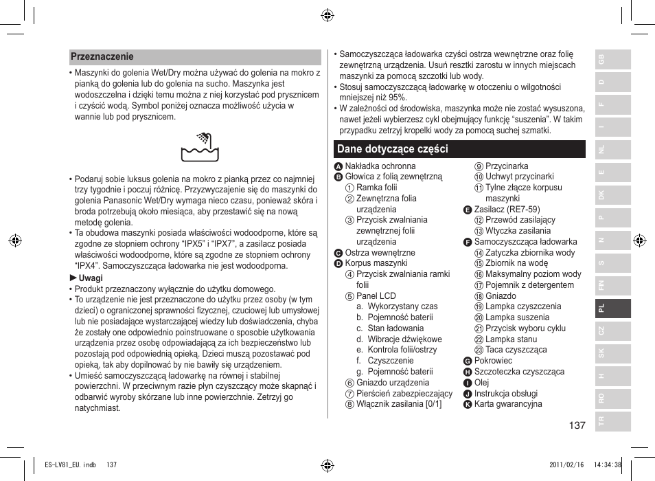 Dane dotyczące części | Panasonic ESLV81 User Manual | Page 137 / 210