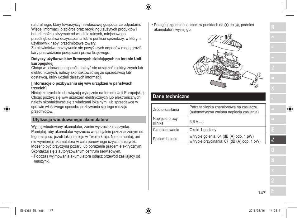 Dane techniczne | Panasonic ESLV81 User Manual | Page 147 / 210