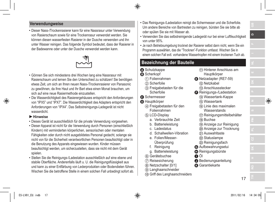 Bezeichnung der bauteile | Panasonic ESLV81 User Manual | Page 17 / 210