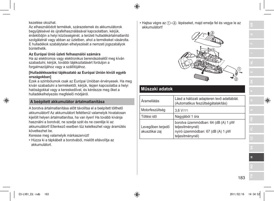 Műszaki adatok | Panasonic ESLV81 User Manual | Page 183 / 210