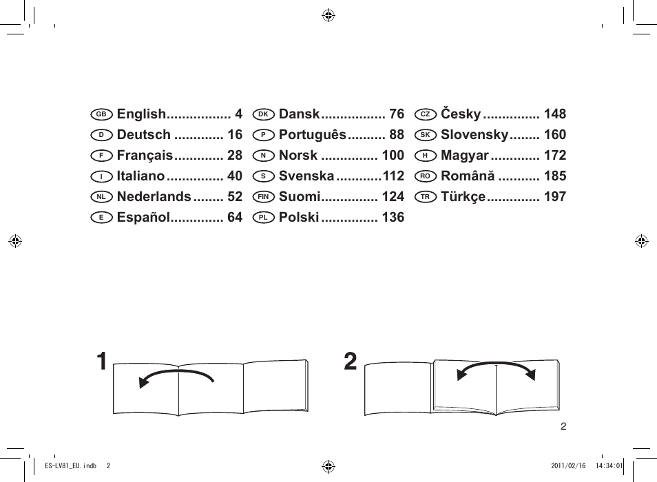 English ����������������� 4, Deutsch ������������� 16, Français ������������� 28 | Italiano ��������������� 40, Nederlands �������� 52, Español �������������� 64, Dansk ����������������� 76, Português ���������� 88, Norsk ��������������� 100, Svenska ������������112 | Panasonic ESLV81 User Manual | Page 2 / 210