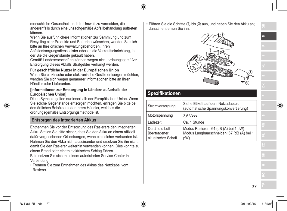 Spezifikationen | Panasonic ESLV81 User Manual | Page 27 / 210