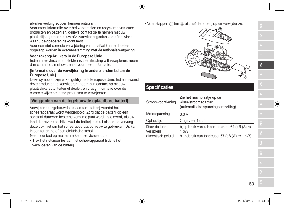 Specificaties | Panasonic ESLV81 User Manual | Page 63 / 210