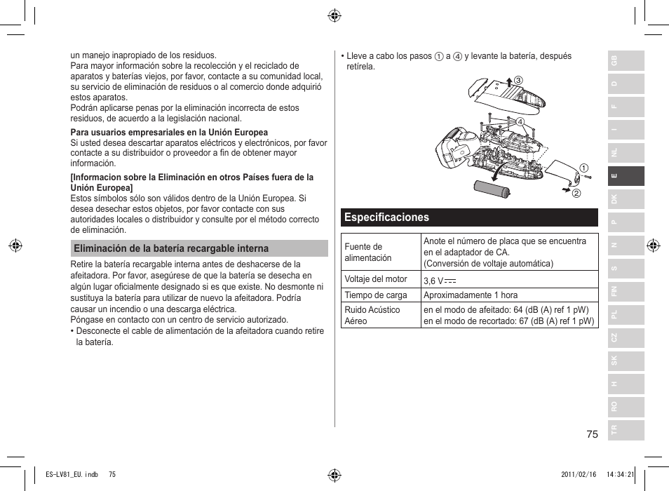 Especificaciones | Panasonic ESLV81 User Manual | Page 75 / 210