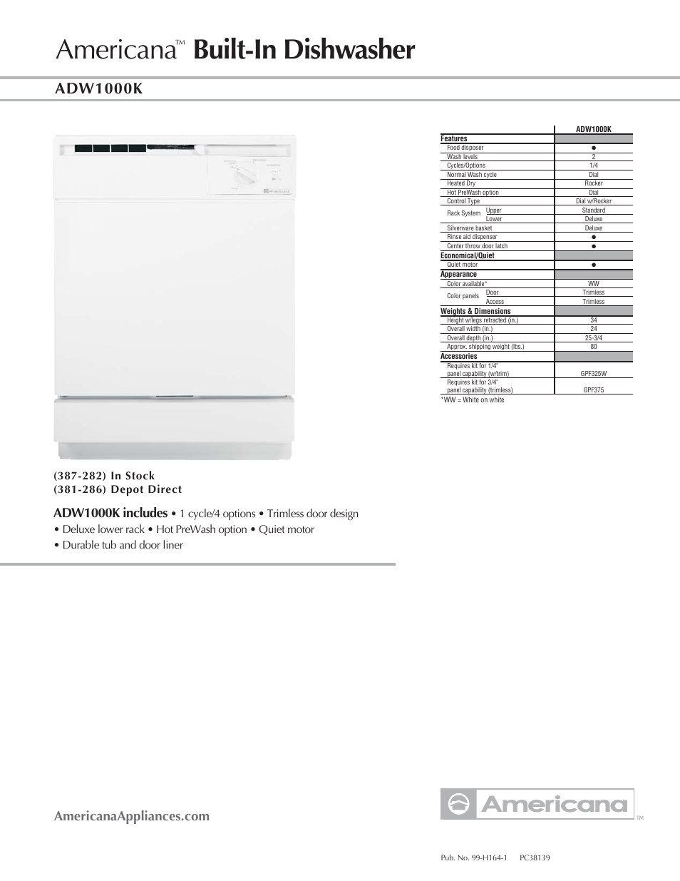 Americana Appliances ADW1000K User Manual | 1 page