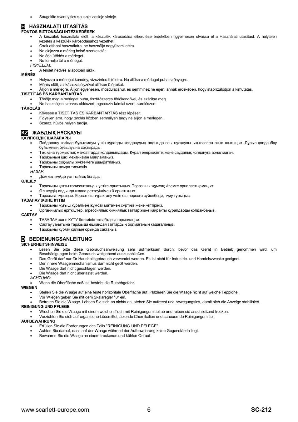 Hhasznalati utasítás, Dbedienungsanleitung | Scarlett SC-212 User Manual | Page 6 / 6