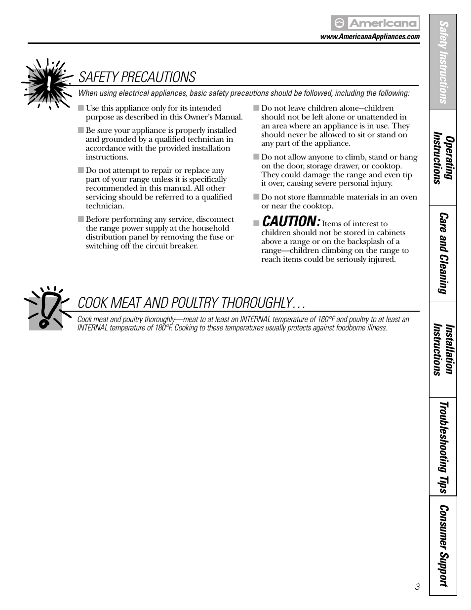 Caution, Safety precautions, Cook meat and poultry thoroughly | Americana Appliances ABS300 User Manual | Page 3 / 48