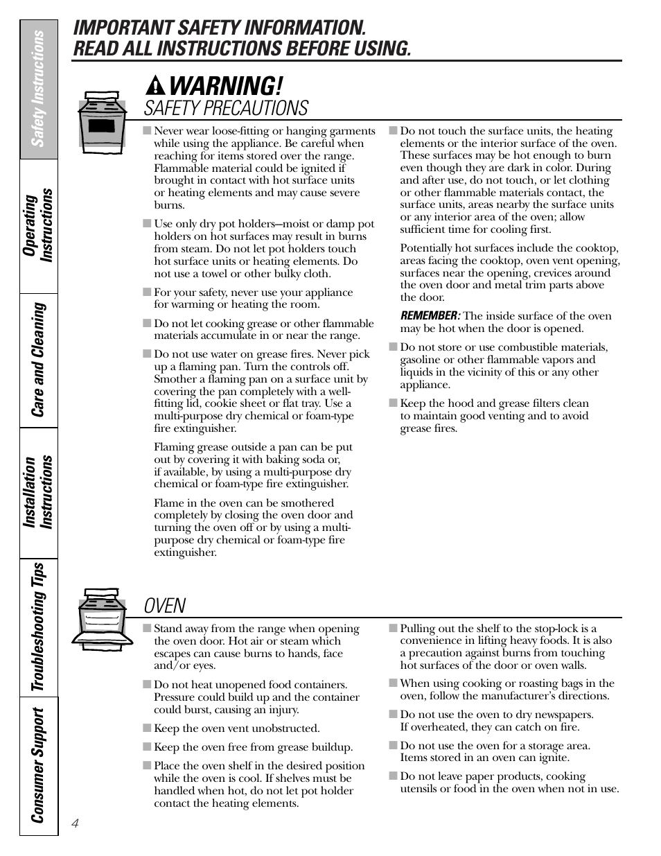 Warning, Safety precautions, Oven | Americana Appliances ABS300 User Manual | Page 4 / 48