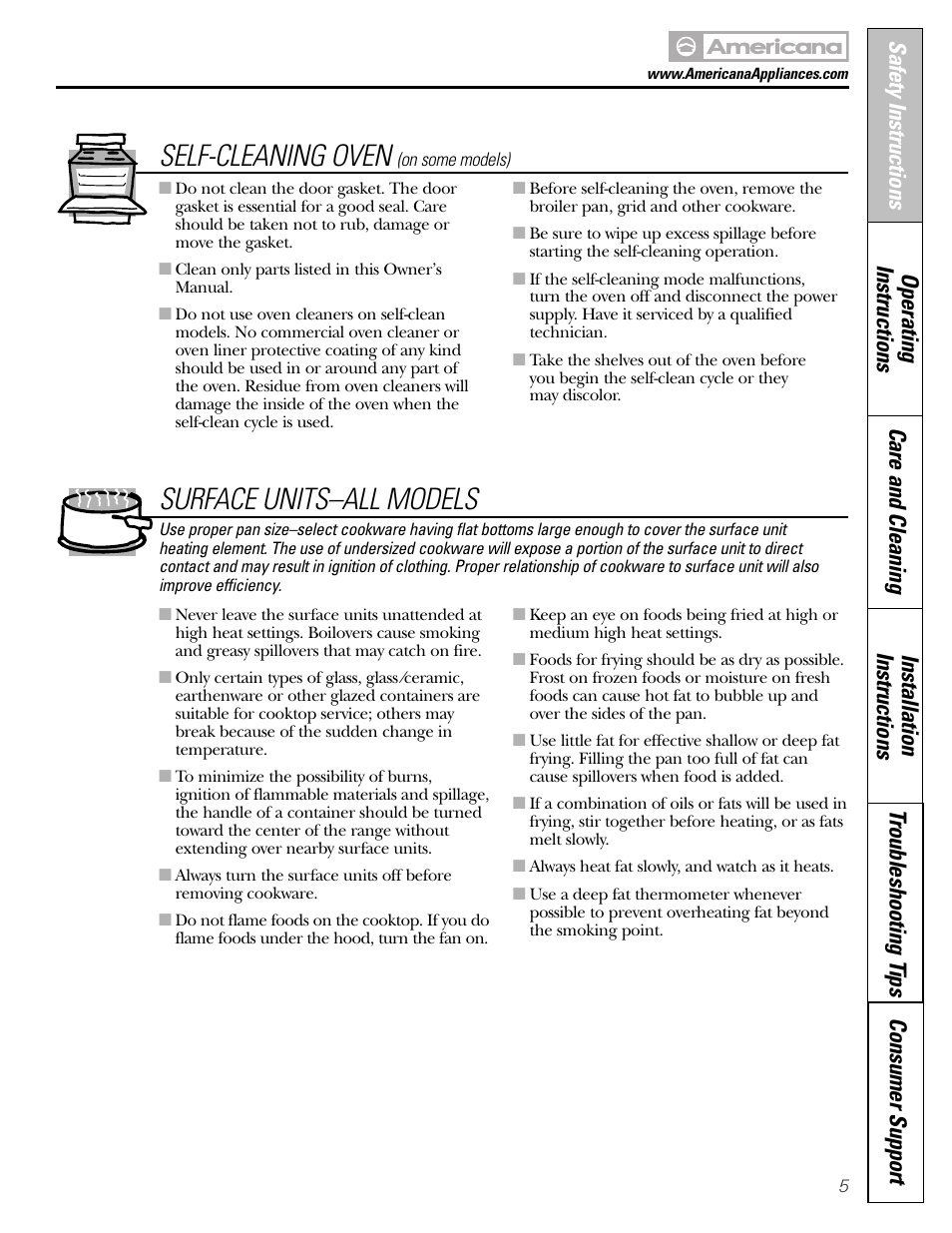 Self-cleaning oven, Surface units–all models | Americana Appliances ABS300 User Manual | Page 5 / 48