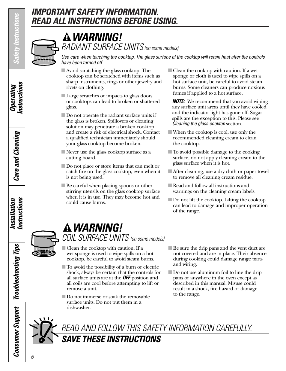 Warning, Radiant surface units, Coil surface units | Americana Appliances ABS300 User Manual | Page 6 / 48