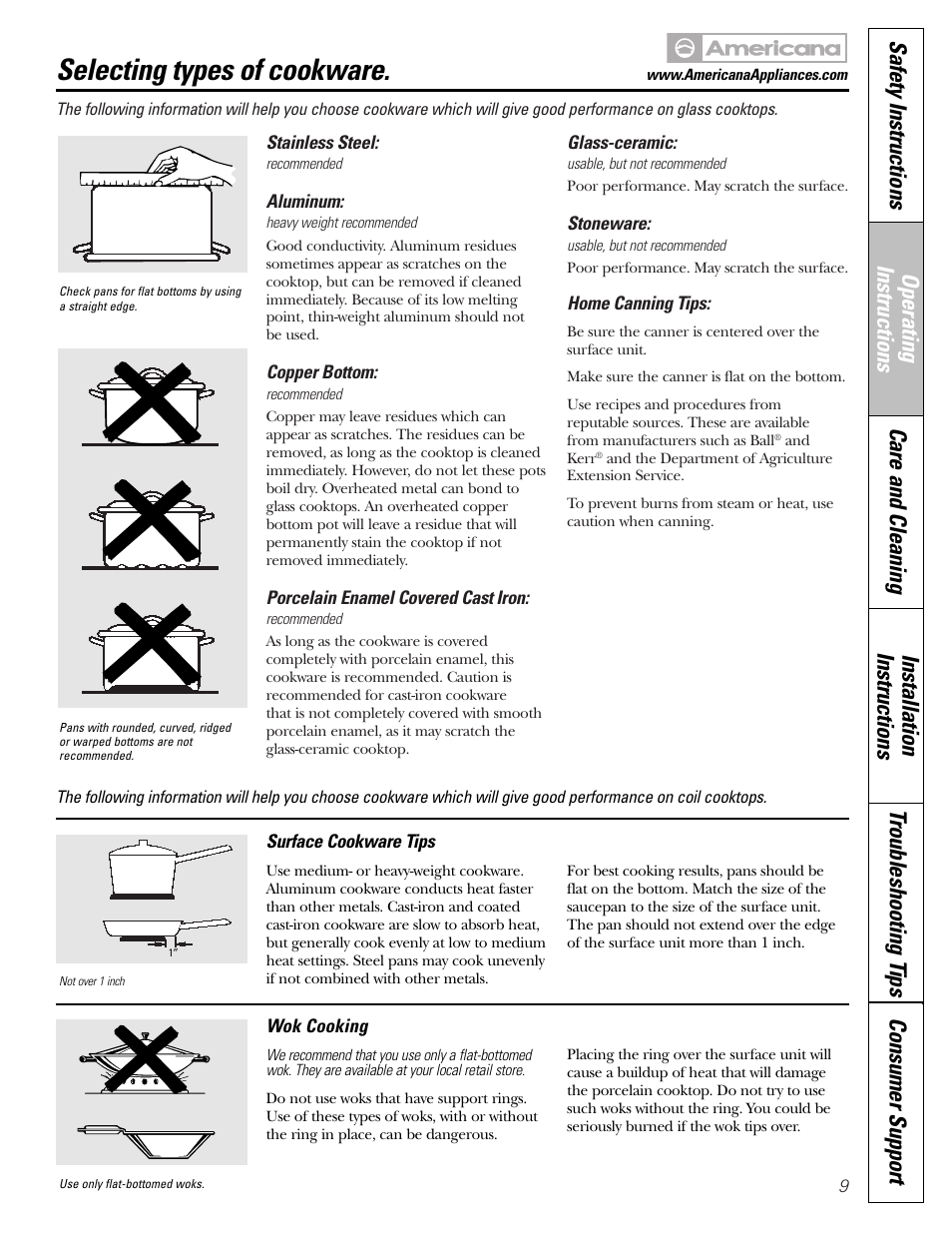 Selecting types of cookware | Americana Appliances ABS300 User Manual | Page 9 / 48