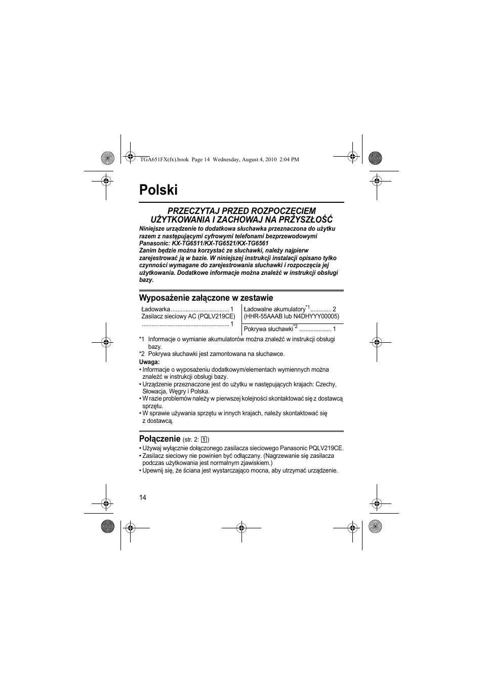 Polski, Wyposażenie załączone w zestawie, Połączenie | Panasonic KXTGA651FX User Manual | Page 14 / 76