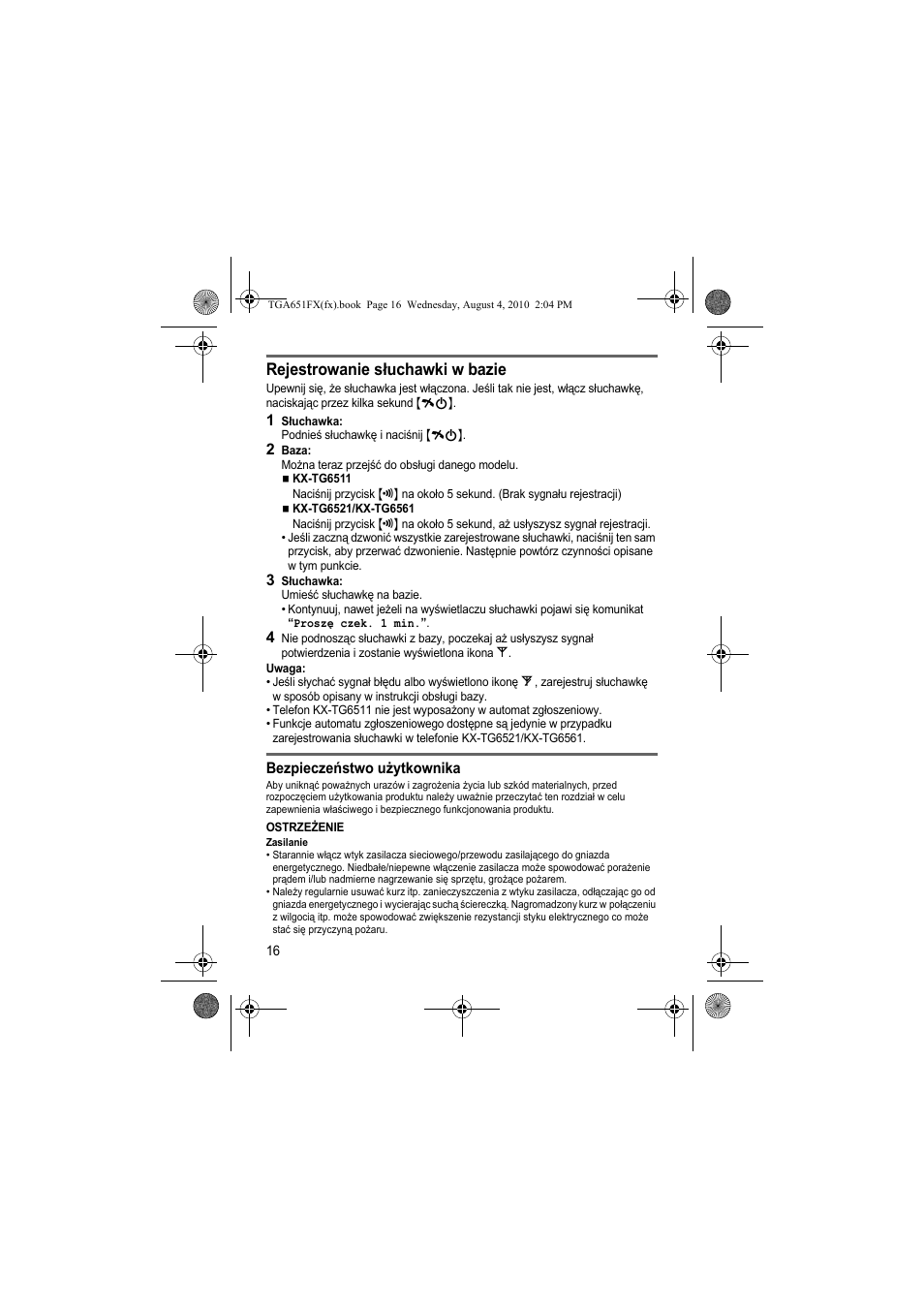 Rejestrowanie słuchawki w bazie | Panasonic KXTGA651FX User Manual | Page 16 / 76