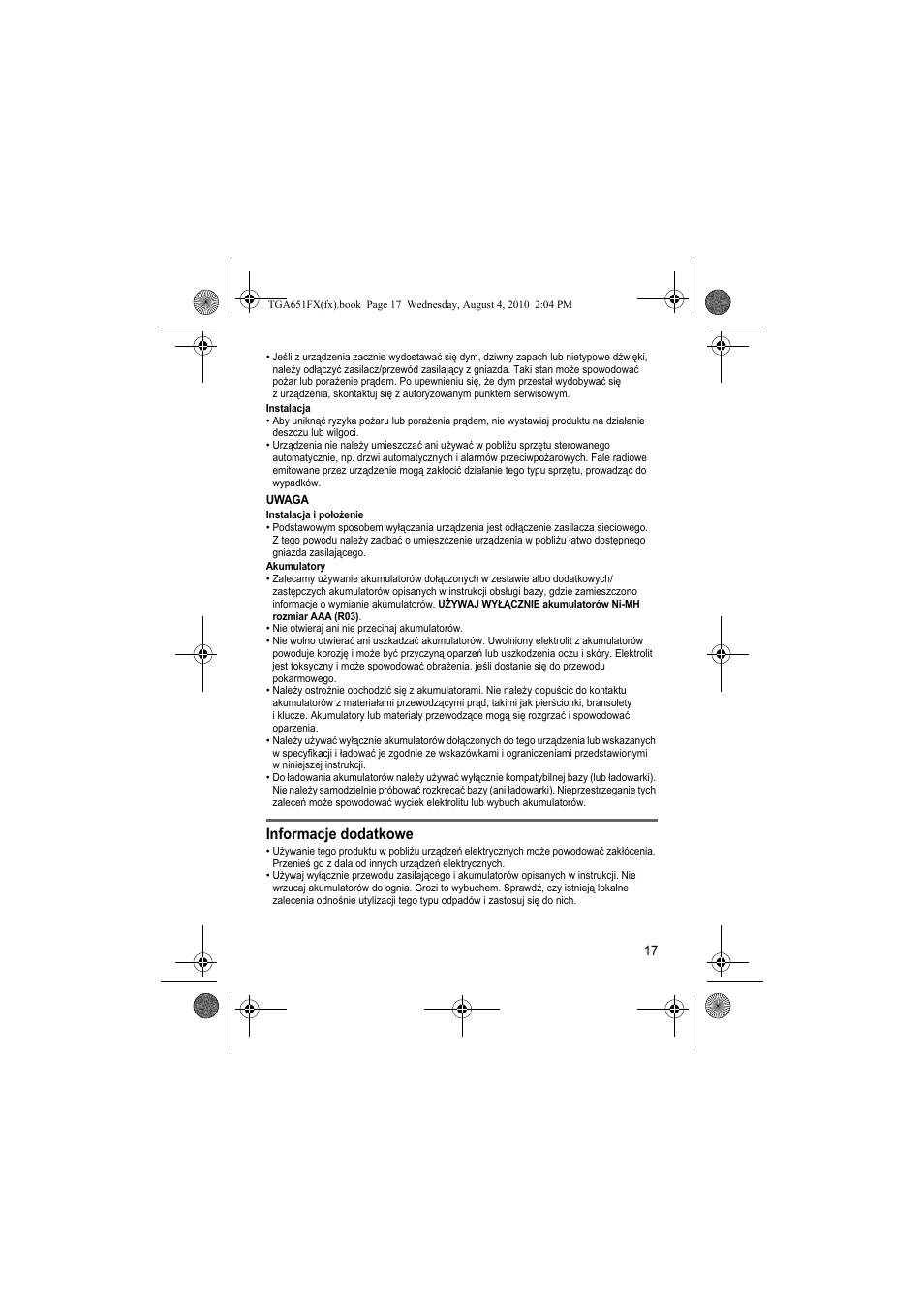 Informacje dodatkowe | Panasonic KXTGA651FX User Manual | Page 17 / 76