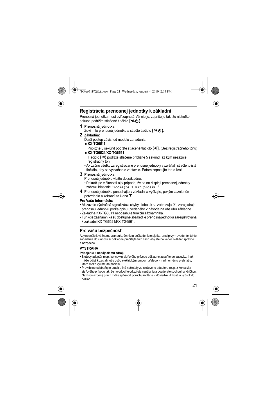 Registrácia prenosnej jednotky k základni | Panasonic KXTGA651FX User Manual | Page 21 / 76