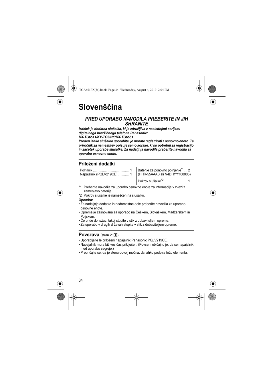 Slovenščina, Pred uporabo navodila preberite in jih shranite, Priloženi dodatki | Povezava | Panasonic KXTGA651FX User Manual | Page 34 / 76