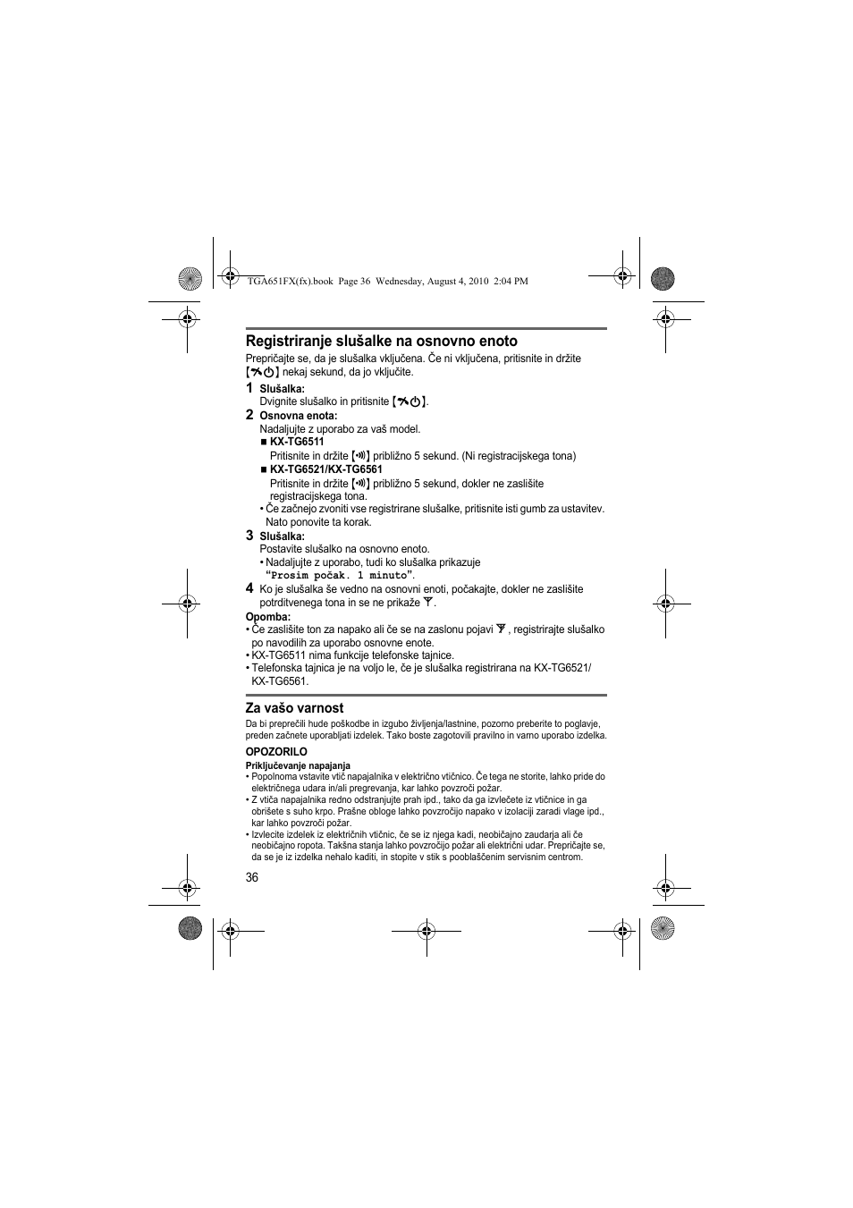 Registriranje slušalke na osnovno enoto | Panasonic KXTGA651FX User Manual | Page 36 / 76