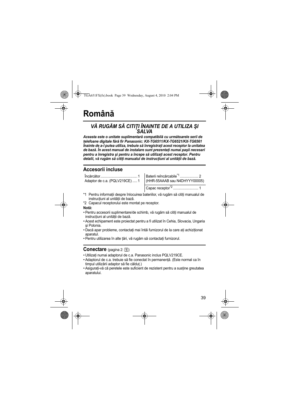 Română, Vă rugăm să citiţi înainte de a utiliza şi salva, Accesorii incluse | Conectare | Panasonic KXTGA651FX User Manual | Page 39 / 76