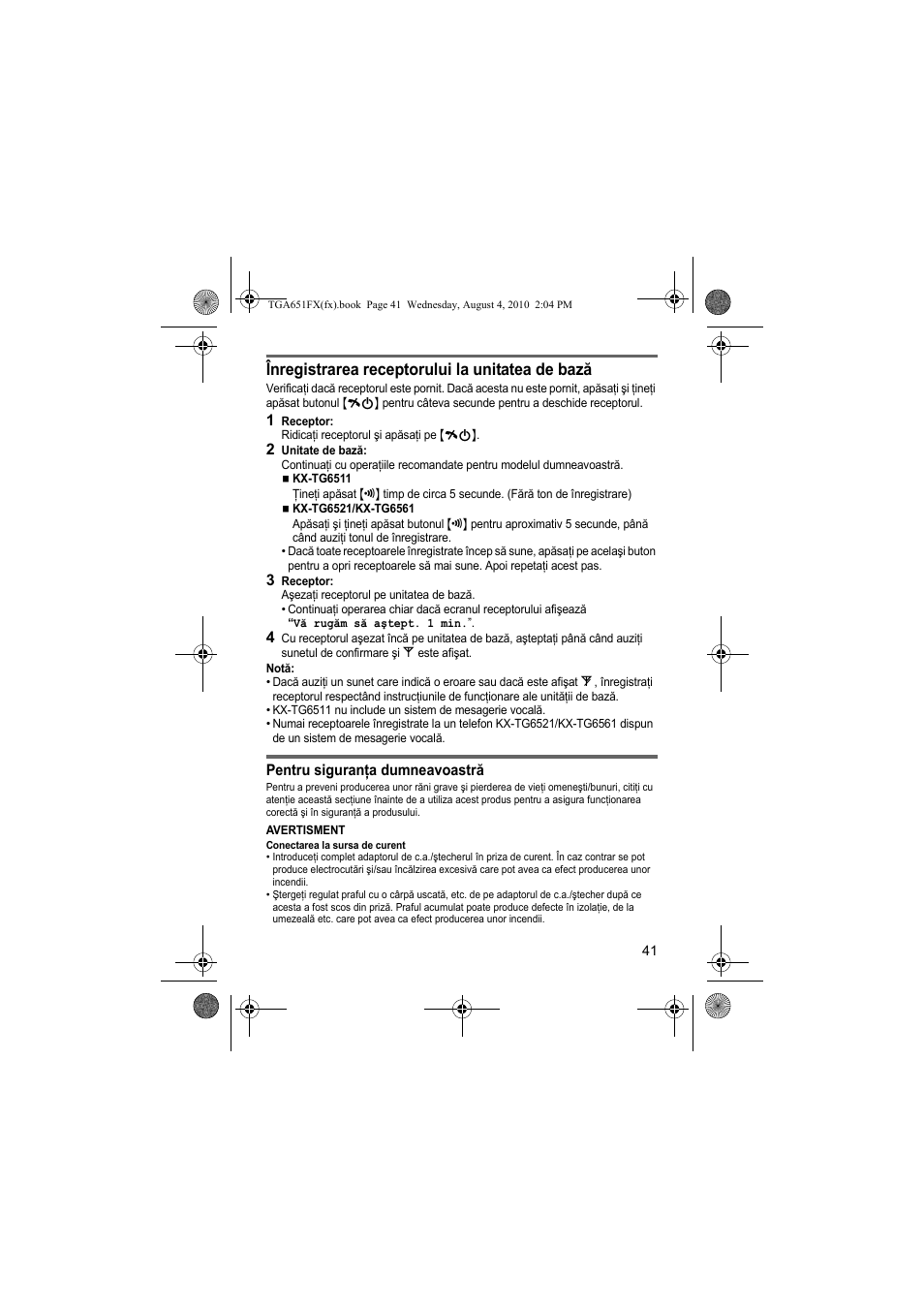 Înregistrarea receptorului la unitatea de bază | Panasonic KXTGA651FX User Manual | Page 41 / 76