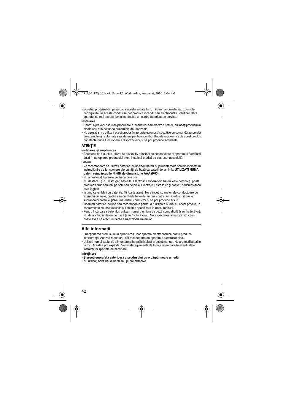 Alte informaţii | Panasonic KXTGA651FX User Manual | Page 42 / 76