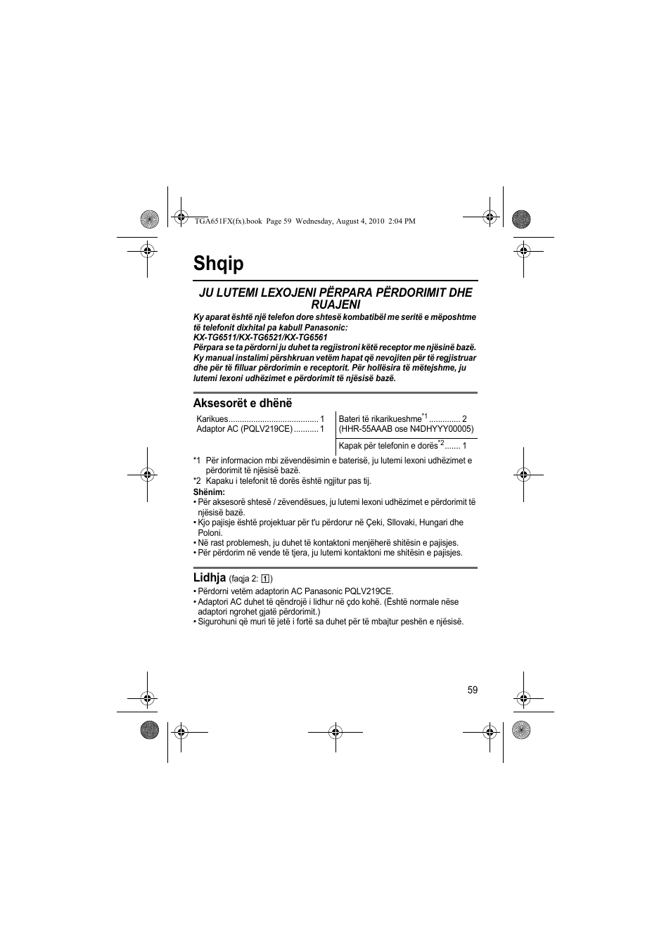 Shqip, Ju lutemi lexojeni përpara përdorimit dhe ruajeni, Aksesorët e dhënë | Lidhja | Panasonic KXTGA651FX User Manual | Page 59 / 76