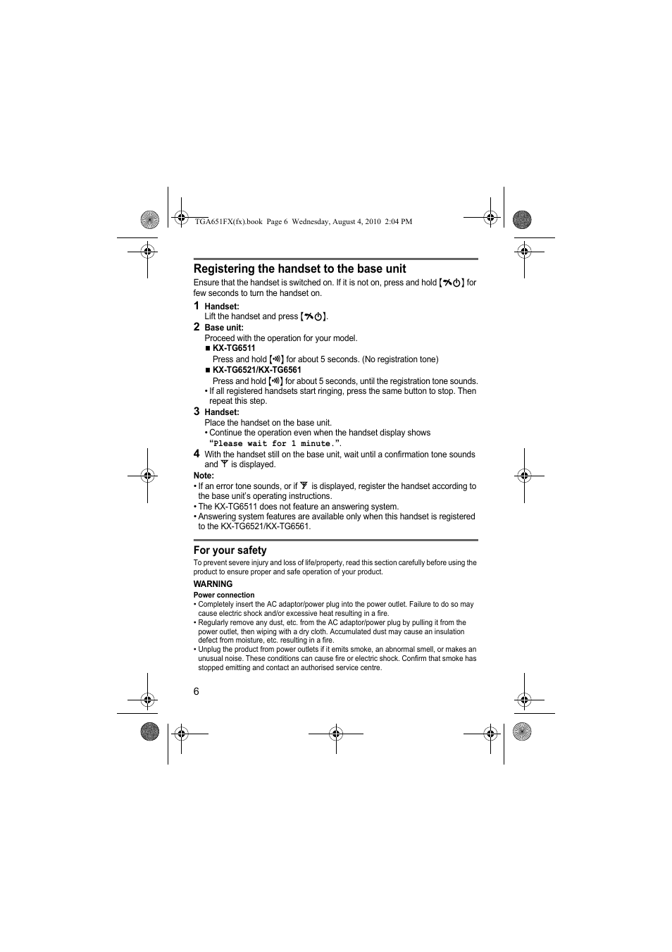 Registering the handset to the base unit | Panasonic KXTGA651FX User Manual | Page 6 / 76