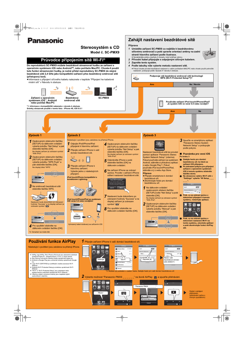 Stereosystém s cd, Průvodce připojením sítě wi-fi, Zahájit nastavení bezdrátové sítě | Používání funkce airplay | Panasonic SCPMX9EG User Manual | Page 3 / 3