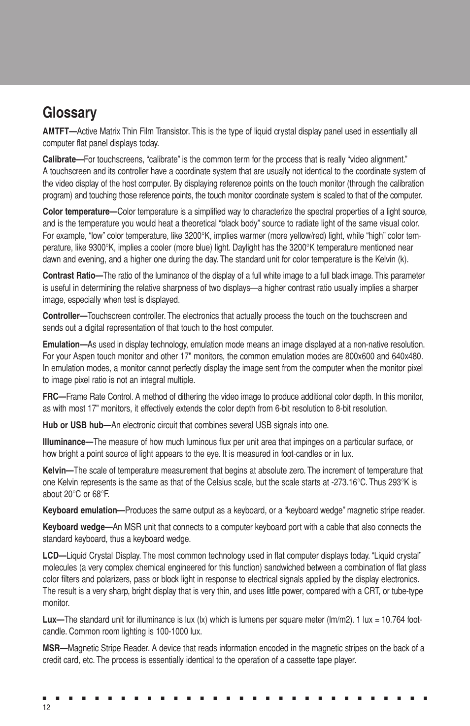 Glossary | Aspen Touch Solutions ATM-173R User Manual | Page 14 / 18