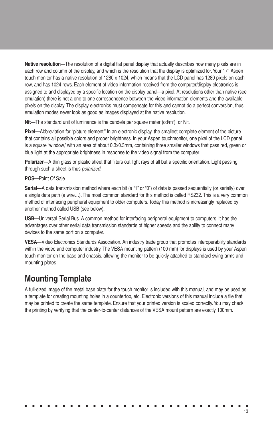 Mounting template | Aspen Touch Solutions ATM-173R User Manual | Page 15 / 18