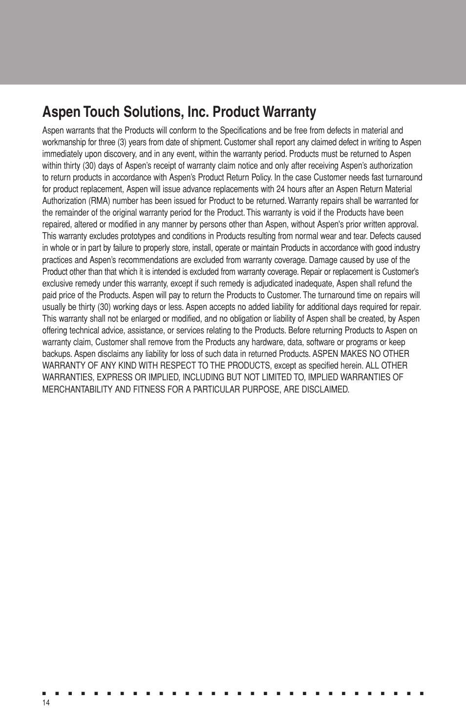Aspen touch solutions, inc. product warranty | Aspen Touch Solutions ATM-173R User Manual | Page 16 / 18